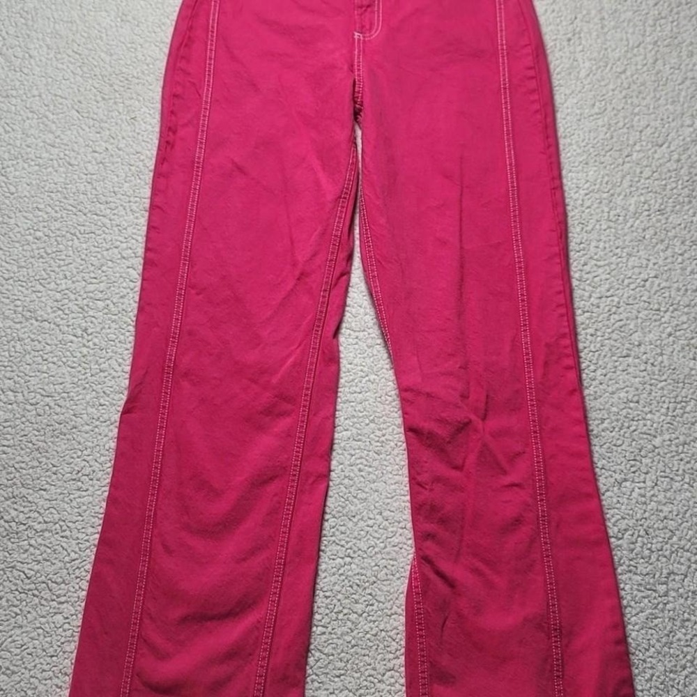 Zara Hot Pink Cut Out Waistband Contrast Stitch High Rise Jeans Size 2